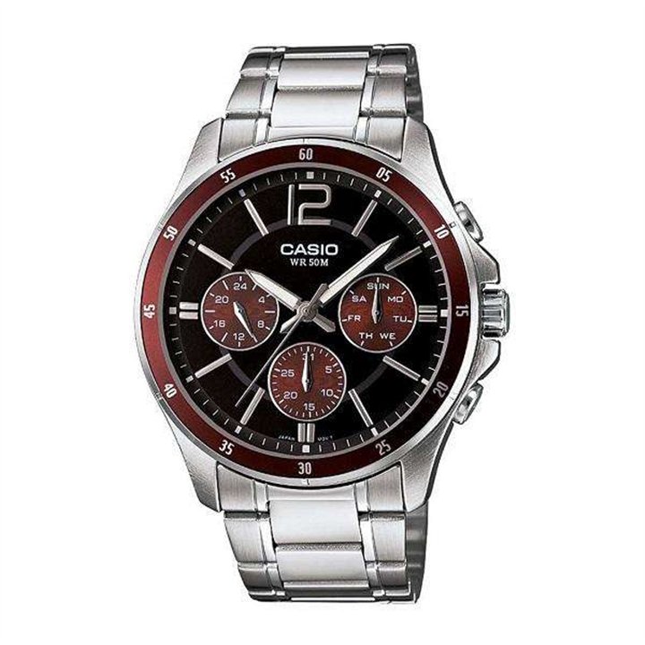 CASIO COLLECTION Mod. MULTIFUNCTION CALENDAR - BLACK & BORDEAUX - WW.MTP-1374D-5AVDF - Teknashop Ltd