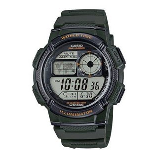 CASIO SPORT Mod. DIVER - WORLD TIME ILLUMINATOR 5 ALARMS, 10 YEARS BATTERY - ARMY GREEN - WW.AE-1000W-3AVDF - Teknashop Ltd