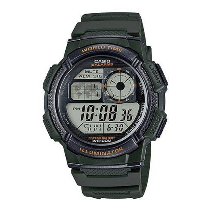 CASIO SPORT Mod. DIVER - WORLD TIME ILLUMINATOR 5 ALARMS, 10 YEARS BATTERY - ARMY GREEN - WW.AE-1000W-3AVDF - Teknashop Ltd