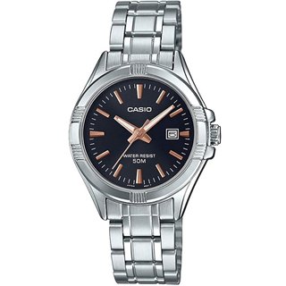 CASIO COLLECTION Mod. LADY DATE - BLACK, BRONZE INDEXES - WW.LTP-1308D-1A2VDF - Teknashop Ltd