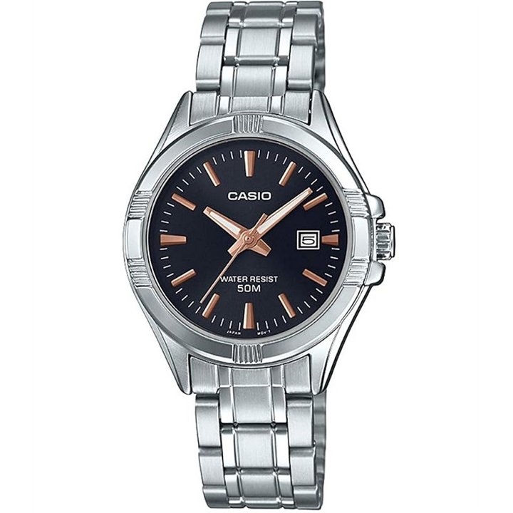 CASIO COLLECTION Mod. LADY DATE - BLACK, BRONZE INDEXES - WW.LTP-1308D-1A2VDF - Teknashop Ltd