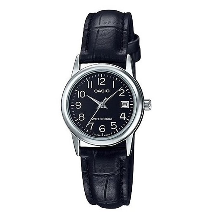 CASIO COLLECTION Mod. LADY DATE SILVER, LEATHER - BLACK - WW.LTP-V002L-1BUDF - Teknashop Ltd