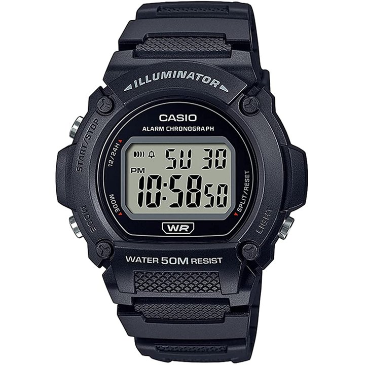 CASIO TIMELESS COLLECTION Mod. SPORT- ILLUMINATOR WR 50M, ALARM, CHRONOGRAPH - BLACK - WW.W-219H-1AVDF - Teknashop Ltd