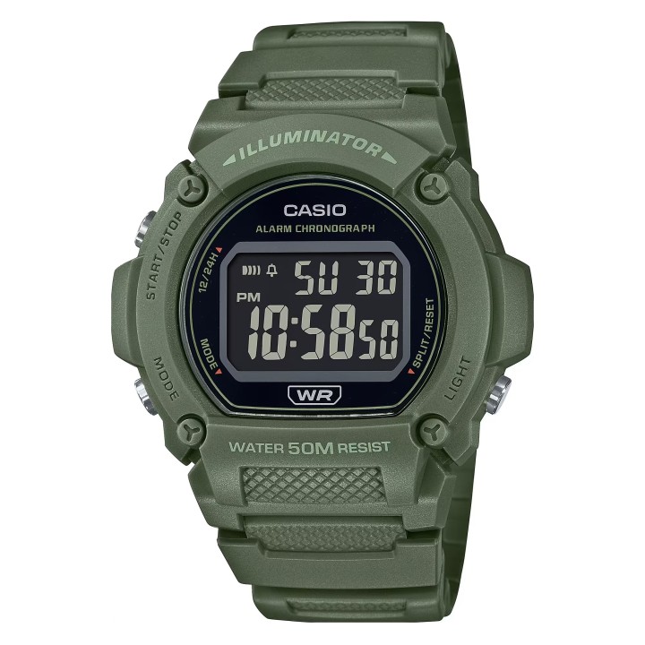CASIO TIMELESS COLLECTION Mod. SPORT- ILLUMINATOR WR 50M, ALARM, CHRONOGRAPH - ARMY GREEN - COLORED SERIE - WW.W-219HC-3BVDF - T