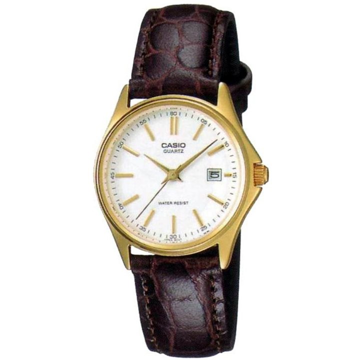 CASIO COLLECTION Mod. LADY DATE LEATHER - WHITE, GOLD INDEXES - WW.LTP-1183Q-7ADF - Teknashop Ltd