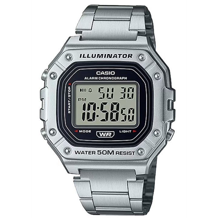 CASIO TIMELESS COLLECTION Mod. SPORT ILLUMINATOR WR 50M, ALARM, CHRONOGRAPH - SILVER - METAL SERIE - WW.W-218HD-1AVDF - Teknasho