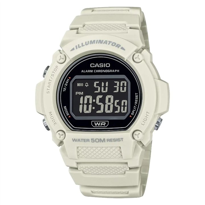 CASIO TIMELESS COLLECTION Mod. SPORT- ILLUMINATOR WR 50M, ALARM, CHRONOGRAPH - WHITE - COLORED SERIE - WW.W-219HC-8BVDF - Teknas