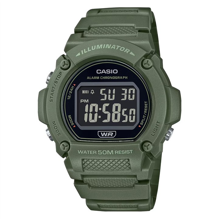 CASIO TIMELESS COLLECTION Mod. SPORT- ILLUMINATOR WR 50M, ALARM, CHRONOGRAPH - ARMY GREEN - COLORED SERIE - WW.W-219HC-3BUDF - T