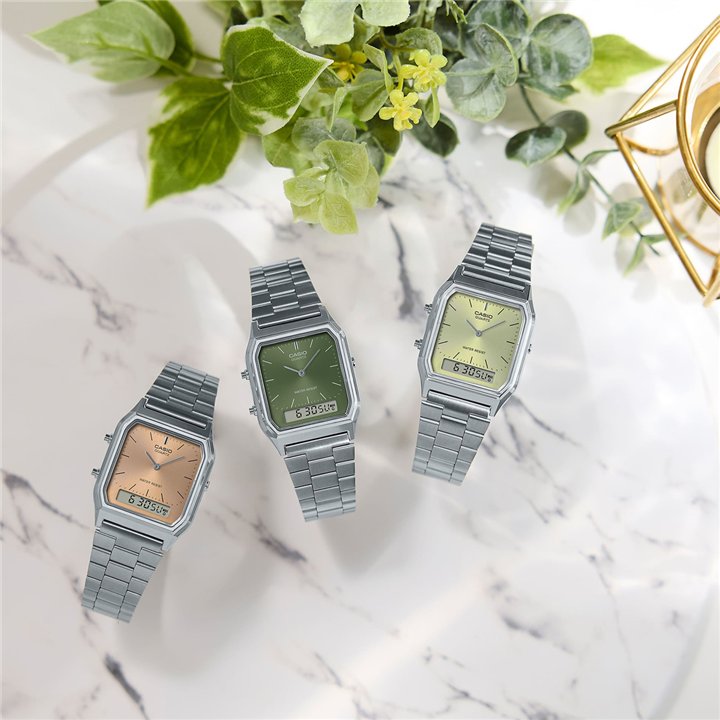 CASIO VINTAGE Mod. EDGY COLLECTION SUNRAY DIAL - GREEN MOSS - WW.AQ-230A-3AMQYES - Teknashop Ltd