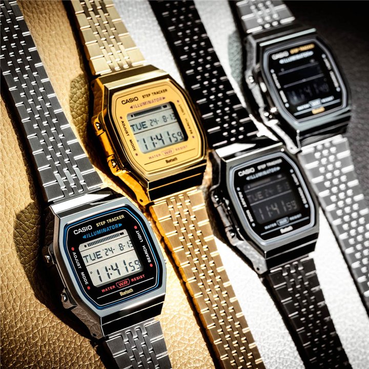 CASIO VINTAGE Mod. BLUETOOTH® SMARTPHONE LINK - STEEL - built-in accelerometer senses body movements + steps counter - BLACK - W