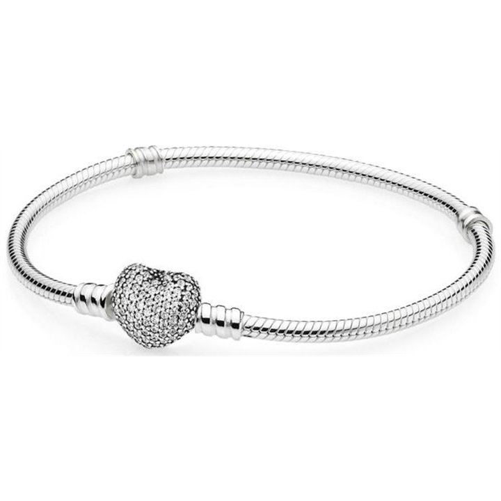 PANDORA Mod. MOMENTS SPARKLING HEART PAVE CLASP SNAKE CHAIN BRACELET - WW.590727CZ-19 - Teknashop Ltd