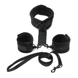 Handcuffs to Collar with Leash Adjustable Black - R7030 - Teknashop Ltd