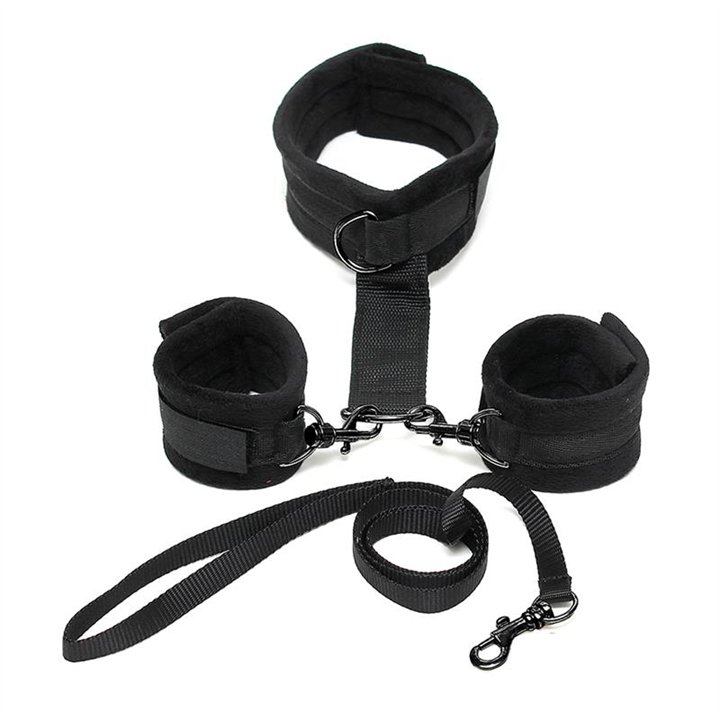 Handcuffs to Collar with Leash Adjustable Black - R7030 - Teknashop Ltd