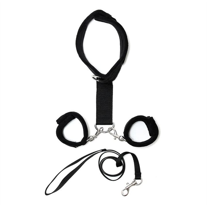 Handcuffs to Collar with Leash Adjustable Black - R7030 - Teknashop Ltd