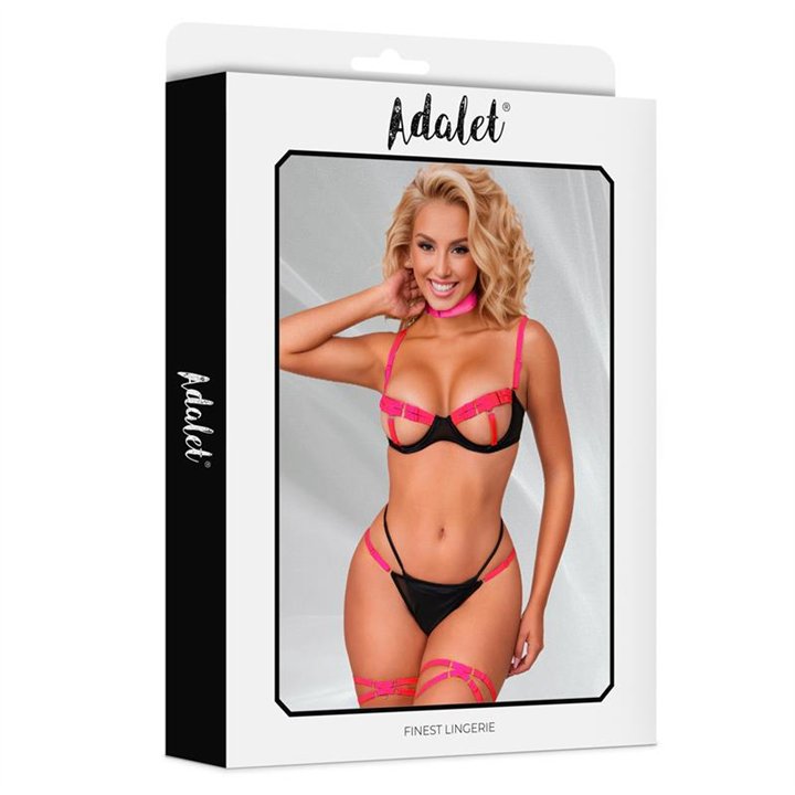 Pauline Bra, Panties, Leg Rings and Choker Set Black and Pink - A-612 - Teknashop Ltd