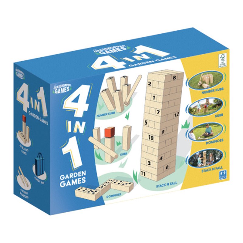 4-in-1-Gartenspiele aus Holz Kubb/Domino/Jenga