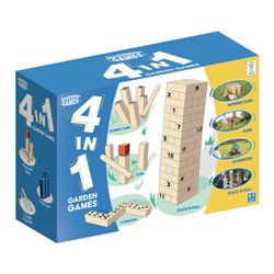 4-in-1-Gartenspiele aus Holz Kubb/Domino/Jenga