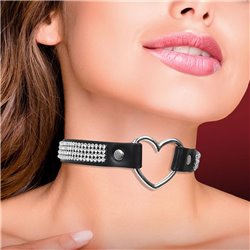 Collar with Heart and Rhinestones Choker Style Vegan Leather One Size