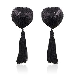 Self-Adhesive Heart Sequin Nipple Cover with Tassel Black