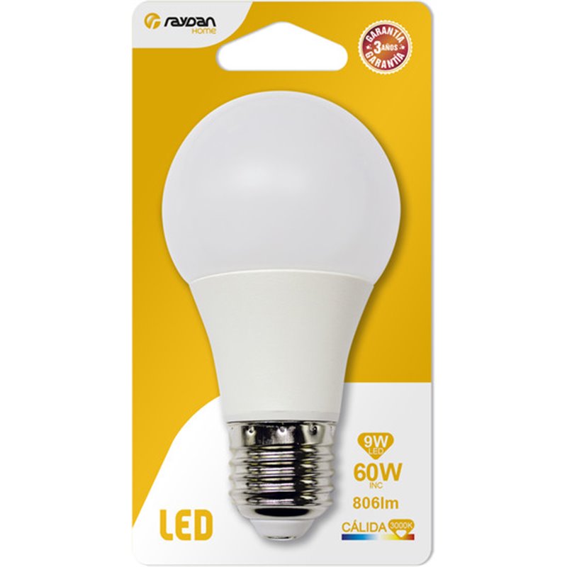 BOMBILLA LED ESTANDAR A60 E27 9W (=60W) 806LM 3000K 15000H RAYDAN HOME BL.1