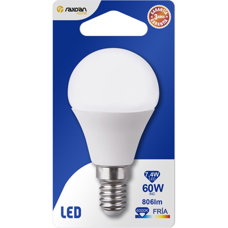 BOMBILLA LED ESFERICA G45 E14 7,4W (=60W) 806LM 6000K 15000H RAYDAN HOME BL.1