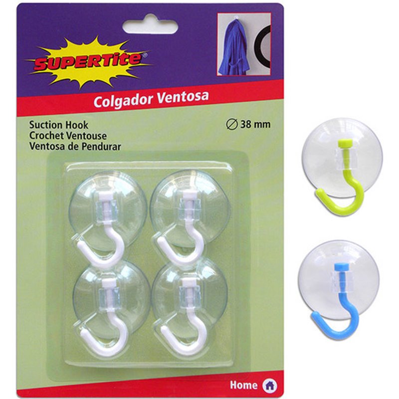 4 COLGADORES VENTOSA PVC 38MM - COLORES SURTIDOS