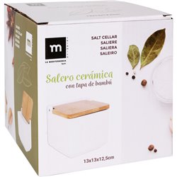 SALERO CERAMICA CON TAPA BAMBU 13X13X12.5CM