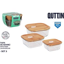 SET 3 FIAMBRERAS CUADRADAS C/TAPA BAMBU QUTTIN