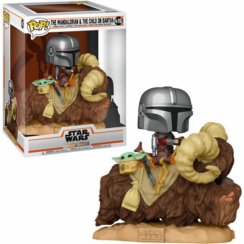 FIGURA POP STAR WARS THE MANDALORIAN MANDO ON BANTHA WITH CHILD IN BAG