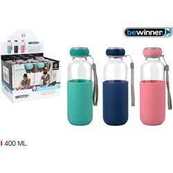 BOTELLA AGUA VIDRIO SILICONA 400 BEWIN