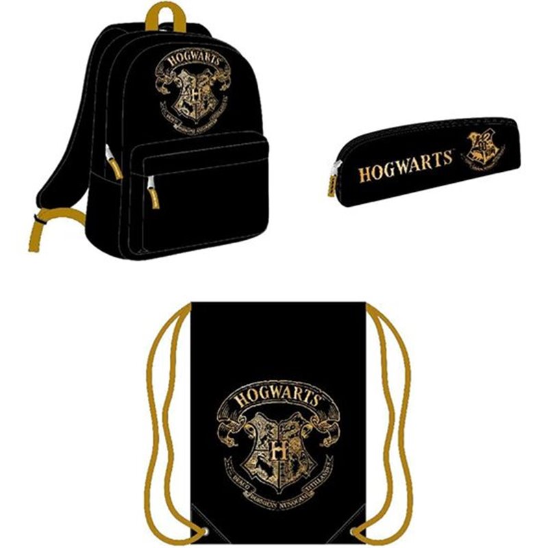 PACK PAPELERIA 3 PIEZAS HARRY POTTER NEGRO: MOCHILA, ESTUCHE Y SAQUITO