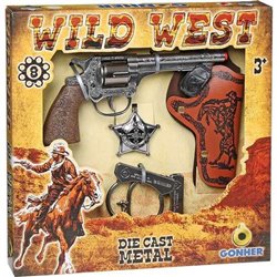 PISTOLA 8 TIROS WILD WEST CON CARTUCHERA, ESPOSAS Y ESTRELLA 28X28X4 CM