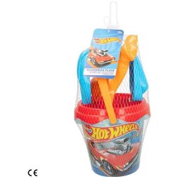 CUBO PLAYA HOT WHEELS 14 CM CON PALA,RASTRILLO,CEDAZO Y 1 MOLDE EN RED - MODELOS SURTIDOS