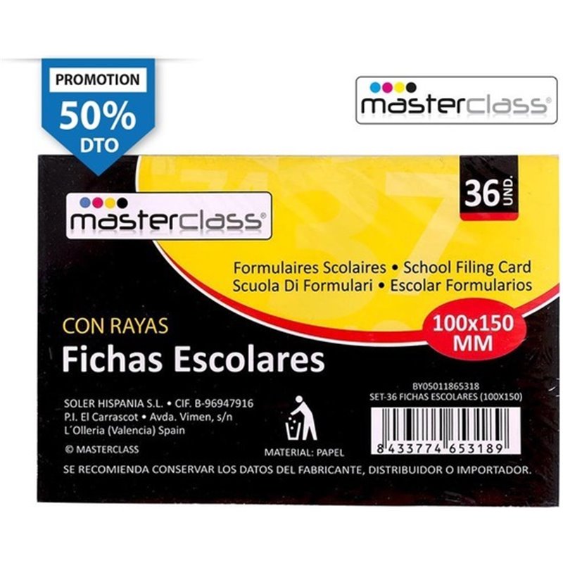 FICHAS ESCOLARES 36 UNIDADES CON RAYAS MASTERCLASS