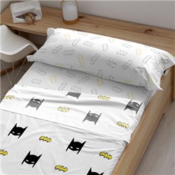 JUEGO DE SÁBANAS CON ALMOHADA Y BAJERA ESTAMPADAS 100% ALGODÓN MODELO BATMASK PARA CAMA DE 105.