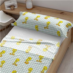 JUEGO DE SÁBANAS CON ALMOHADA Y BAJERA ESTAMPADAS 100% ALGODÓN MODELO TWEETY VICHY PARA CAMA DE 105.