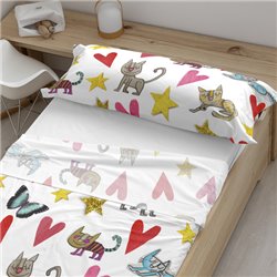 JUEGO DE SÁBANAS CON ALMOHADA Y BAJERA 100% ALGODÓN MODELO GATETS DE ANNA LLENAS PARA CAMA DE 135.