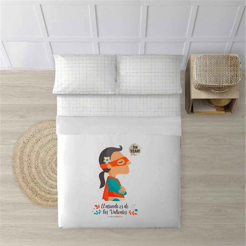 JUEGO DE SÁBANAS CON ALMOHADA Y BAJERA ESTAMPADAS A JUEGO 100% ALGODÓN MODELO SUPERHEROE CHICA PARA CAMA DE 90 160X270