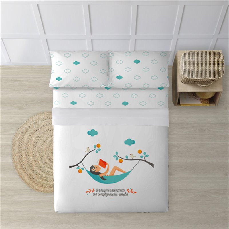 JUEGO DE SÁBANAS CON ALMOHADA Y BAJERA ESTAMPADAS A JUEGO 100% ALGODÓN MODELO HAMACA PARA CAMA DE 180 (260X270) (240X270) 175X27