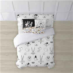 FUNDA NÓRDICA CON BOTONES 100% ALGODÓN MODELO LOONEY B&W PARA CAMA DE 90 ( 155X220 CM.) - Teknashop Ltd