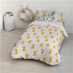 FUNDA NÓRDICA CON BOTONES 100% ALGODÓN MODELO TWEETY VICHY PINK PARA CAMA DE 90 (155X220 CM) - Teknashop Ltd