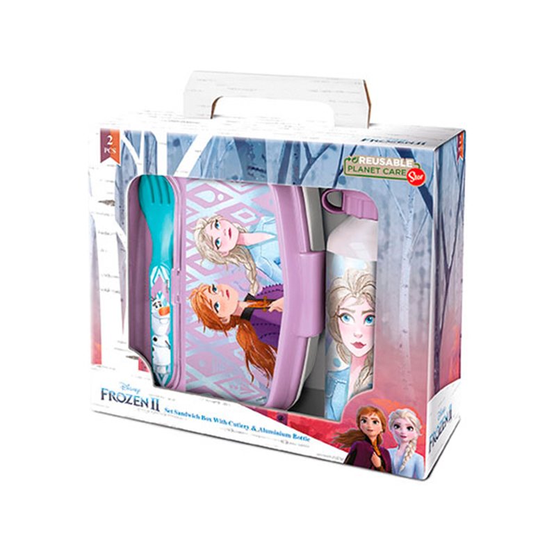 SET DE BOTELLA Y SANDWICHERA + CUBIERTOS FROZEN II "ONE HEART"