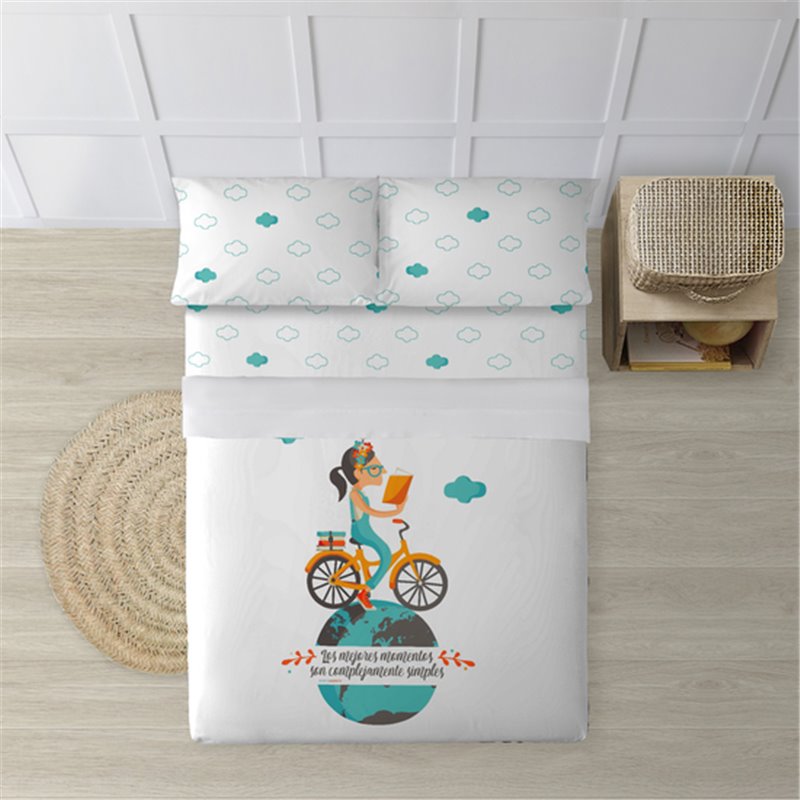 JUEGO DE SÁBANAS CON ALMOHADA Y BAJERA ESTAMPADAS A JUEGO 100% ALGODÓN MODELO BICI PARA CAMA DE 180 (260X270) (240X270) 175X270