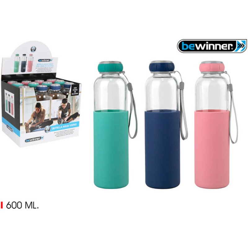 BOTELLA AGUA VIDRIO SILICONA 600 T/SIL 