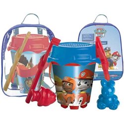 MOCHILA CUBO PLAYA CASTILLO PAW PATROL CON CEDAZO, PALA, RASTRILLO Y MOLDES 18 CM