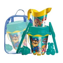 MOCHILA CUBO PLAYA CASTILLO PAW PATROL CON CEDAZO, PALA, RASTRILLO Y MOLDES 18 CM - Teknashop Ltd