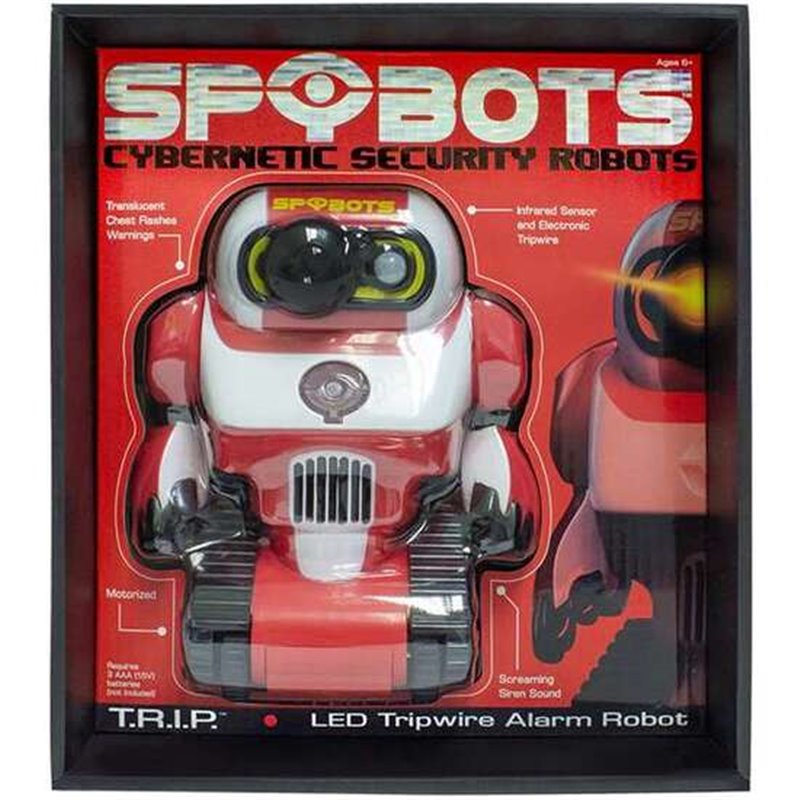 ROBOT SPYBOTS T.R.I.P.CON SU PROYECTOR LED EMITE EL LOGO AVISANDO A LOS POSIBLES INTRUSOS QUE LA ZONA ESTÁ PROTEGIDA POR LOS SPY