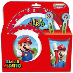 SET DE PLATO, CUENCO, VASO, CUCHARA Y TENEDOR SUPER MARIO (APTO PARA MICROONDAS)