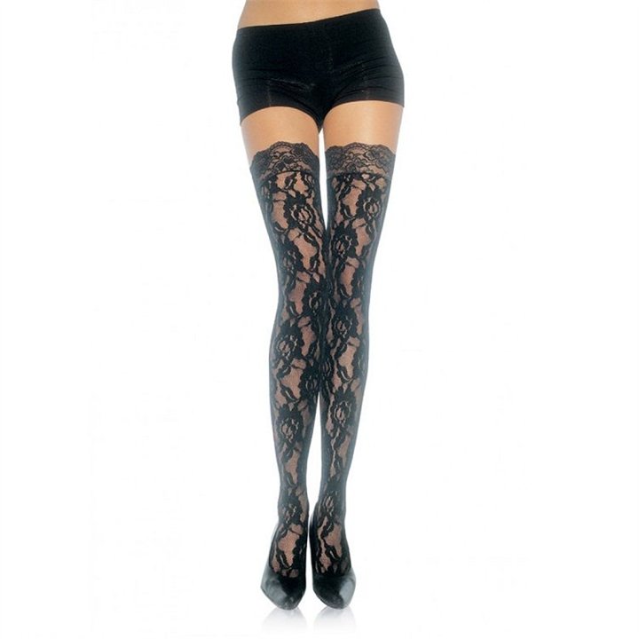 LEG AVENUE - FLORAL LACE STOCKINGS - 9762 BLACK - Teknashop Ltd