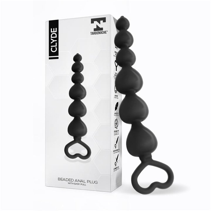Clyde Beaded Butt Plug with Easy Pull Ring Silicone Black - T-134 - Teknashop Ltd